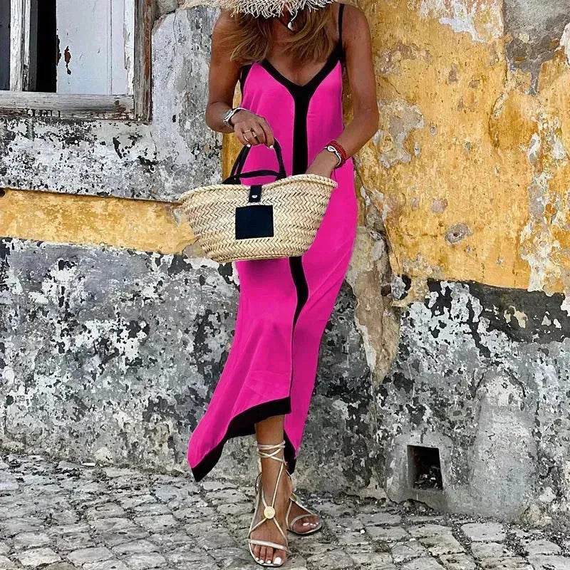 Women's Fashionable Casual Solid Color Spaghetti Straps Sleeveless V-neck Midi Dress - EX-STOCK Canada