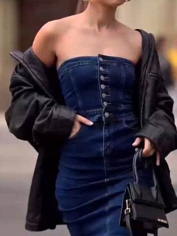 Strapless Button Denim Dress Tube top Long Jeans Dress - EX-STOCK Canada