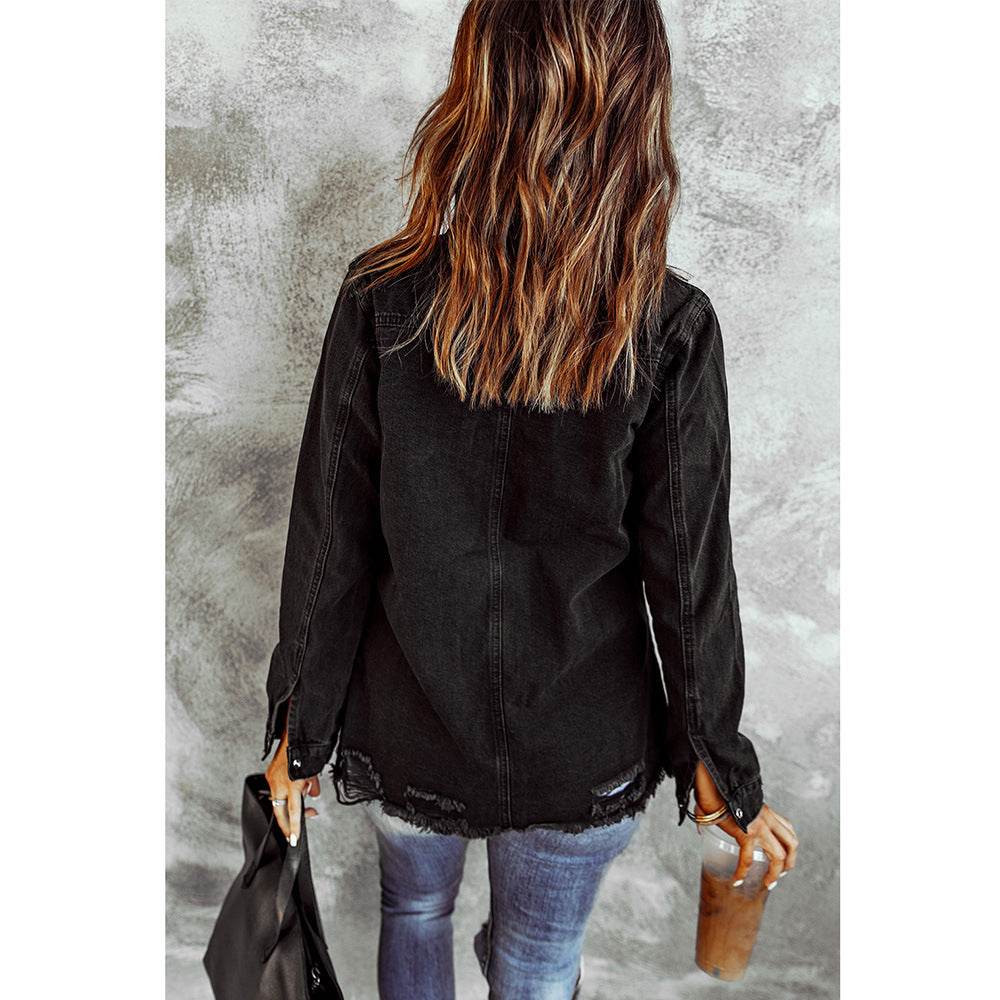 Black Ripped Shirt Denim Long Sleeve Coat Jacket Women - EX-STOCK Canada