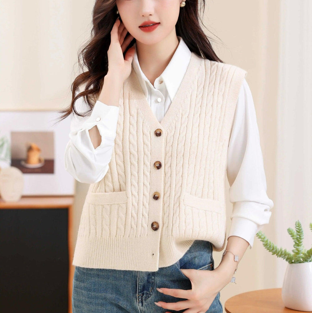 Gilet tricoté torsadé à col en V pour femmesEX-STOCK Canada
