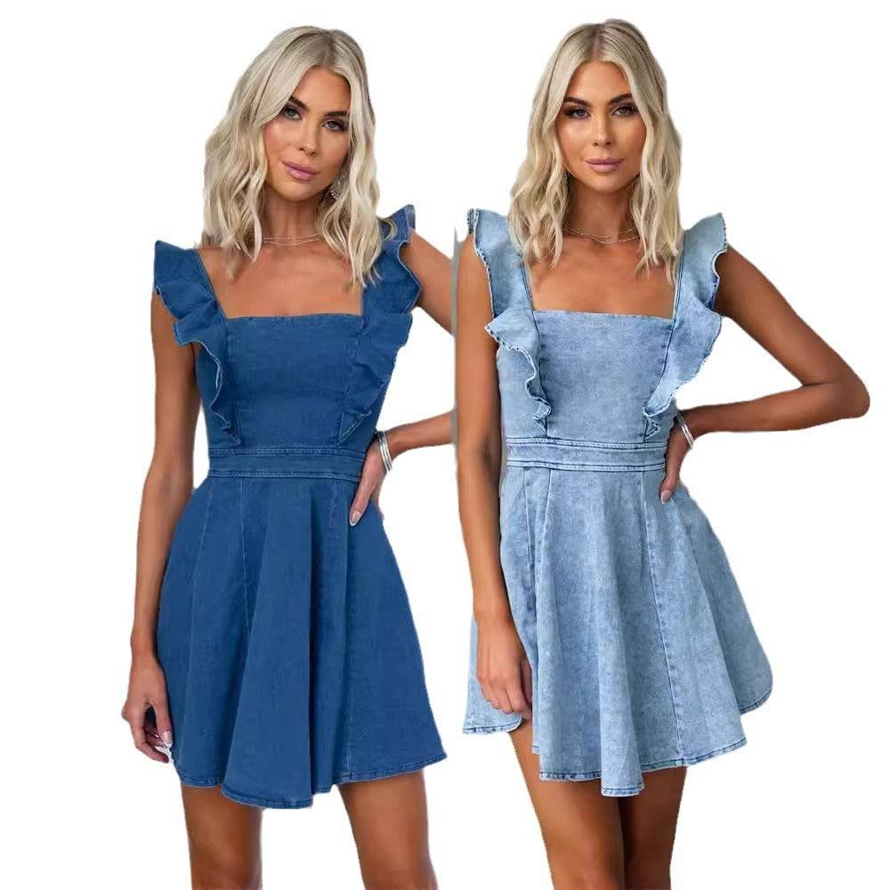 Women's Fashion Casual Denim Mini flared Dress - EX-STOCK Canada