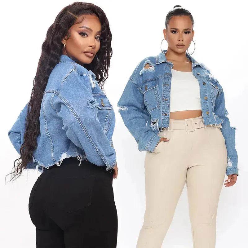Fashionable Ripped Long sleeve Denim Jeans Crop jacket women short denim jacket oversized cropped denim jacket - EX-STOCK Canada