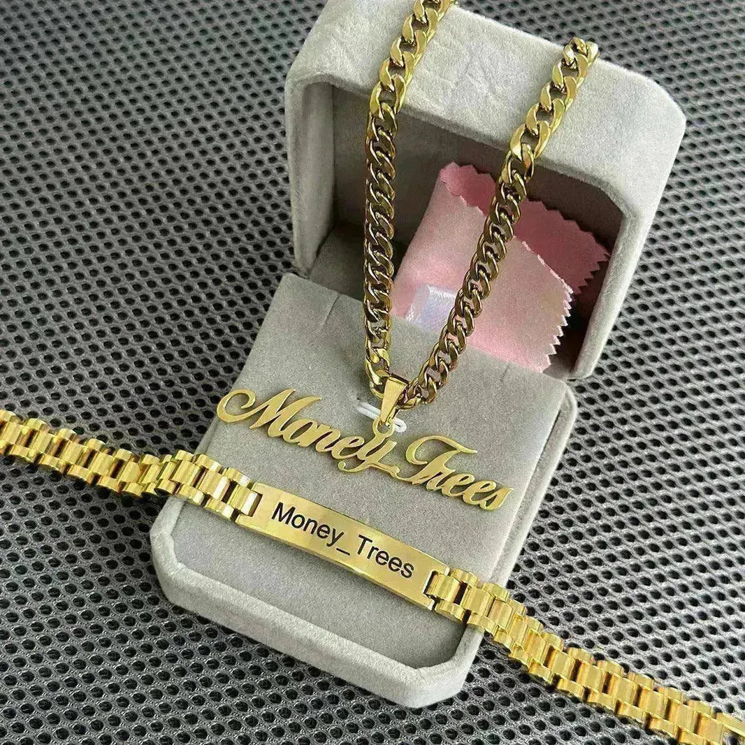 DIY Stainless Steel Nameplate Engraved Letter Pendant Necklace & Bracelet Set - EX-STOCK CANADA