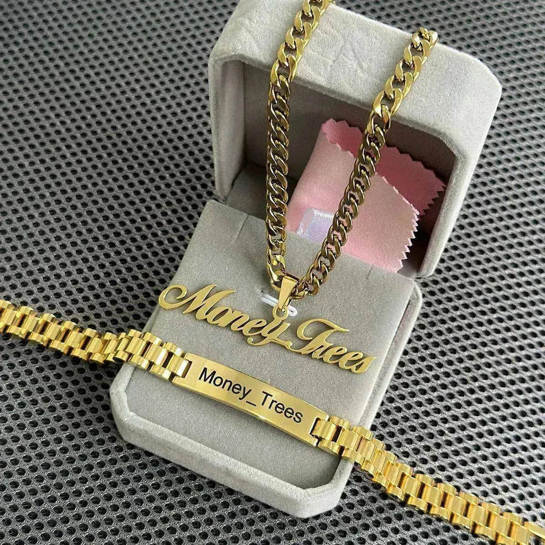 DIY Stainless Steel Nameplate Engraved Letter Pendant Necklace & Bracelet Set - EX-STOCK Canada