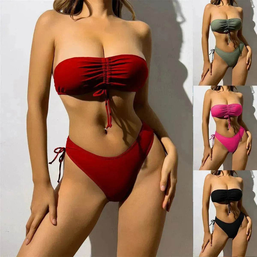 Drawstring Design Tube Bikini Summer Solid Color Charming Swimsuit For Beach Party Womens Clothing - EX-STOCK Canada