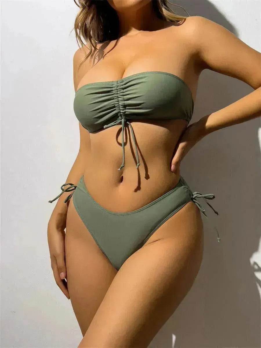 Drawstring Design Tube Bikini Summer Solid Color Charming Swimsuit For Beach Party Womens Clothing - EX-STOCK Canada