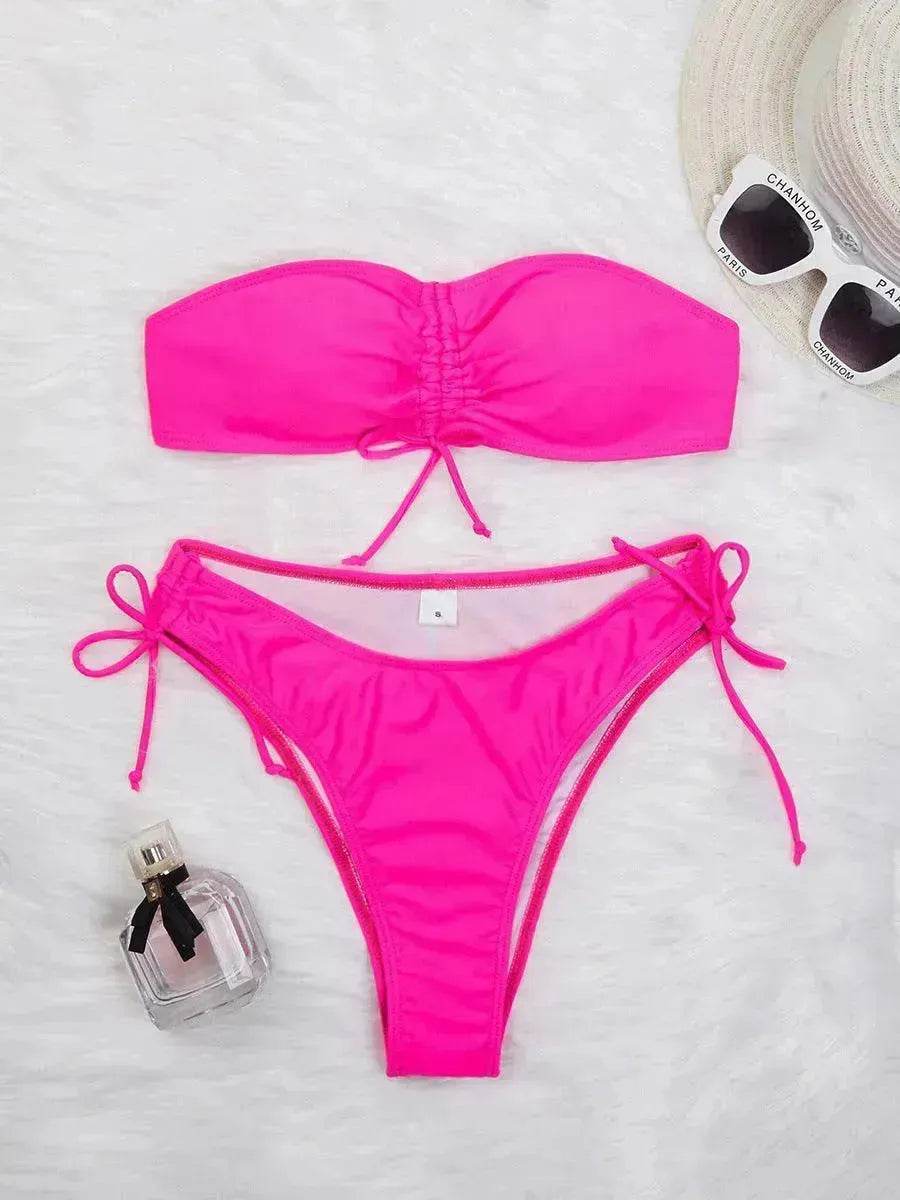 Drawstring Design Tube Bikini Summer Solid Color Charming Swimsuit For Beach Party Womens Clothing - EX-STOCK Canada