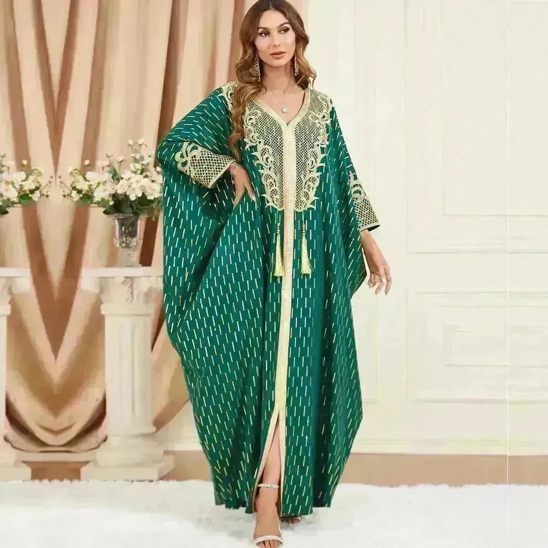 Dubai Turkey Arab Green Gilding Batwing Sleeve Bow Tie Stitching Middle East Popular Plus Size Tassel Split Dress - EX-STOCK CANADA