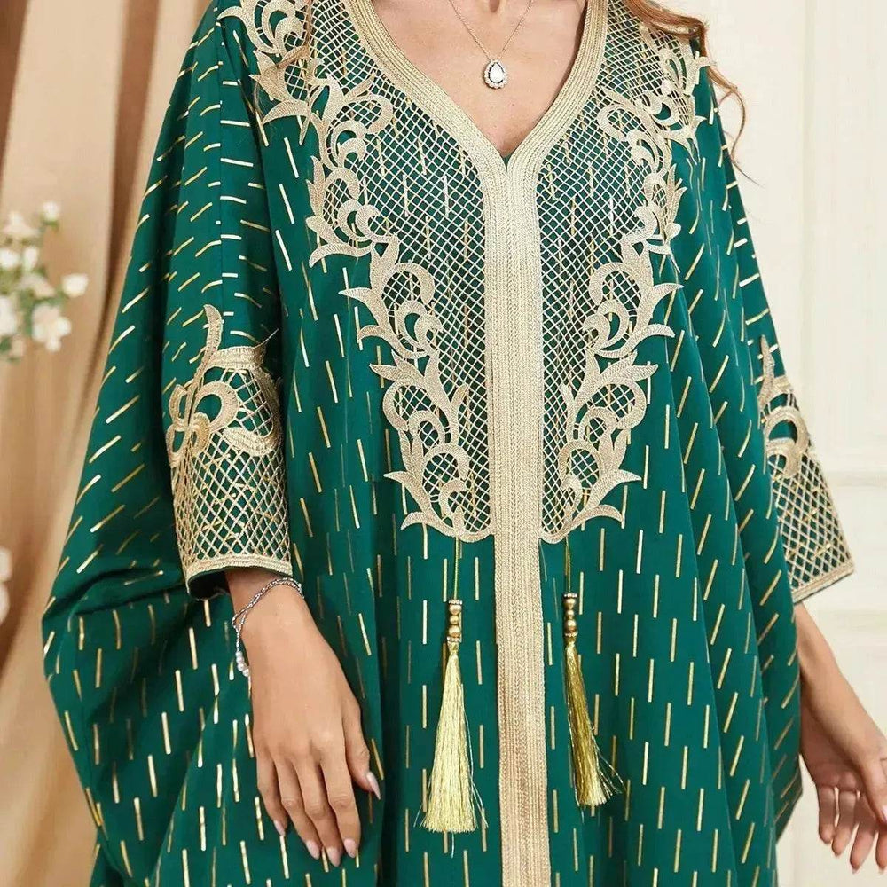Dubai Turkey Arab Green Gilding Batwing Sleeve Bow Tie Stitching Middle East Popular Plus Size Tassel Split Dress - EX-STOCK Canada