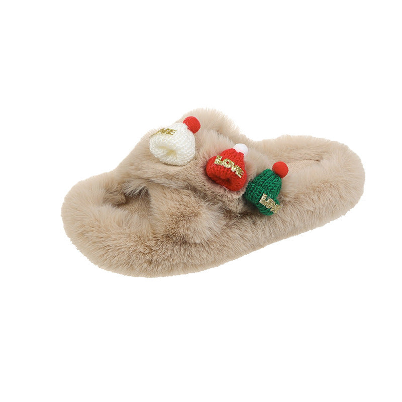 Christmas Hat Fluffy Slippers Women's Warm Toe Covering Cotton Slippers EX-STOCK Canada