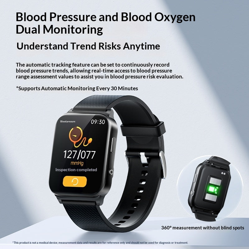 A smartwatch with a black strap and black rectangular face is shown on a light blue gradient background with promotional text about blood pressure and blood oxygen dual monitoring. A smaller inset shows the watch from the side with a green screen indicator.