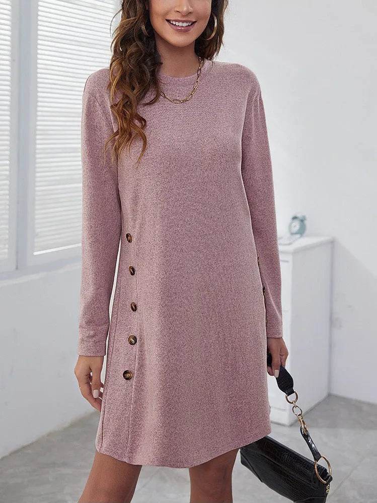 Long-sleeved Round-neck Straight Dress Fashion Casual Loose Solid Color Dress For Women Fall Spring Clothing - EX-STOCK Canada