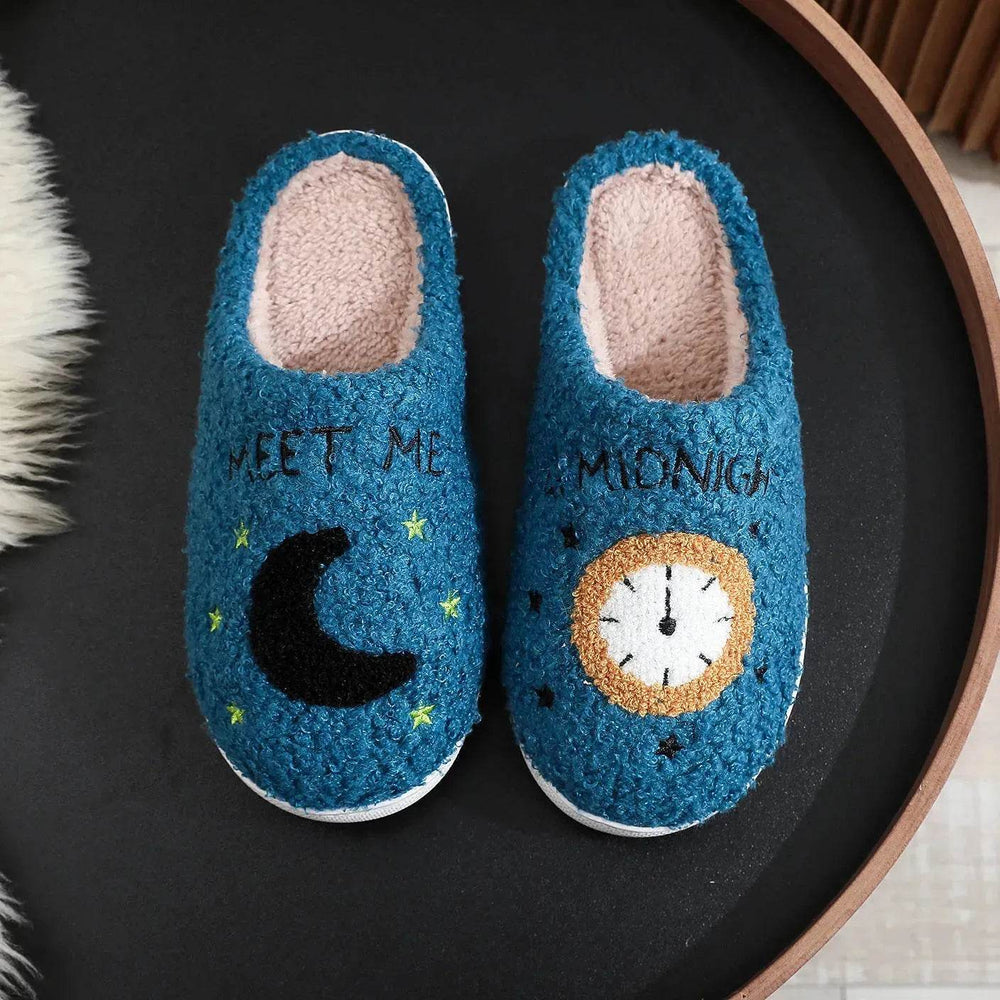 Fashion Moon And Clock Print Home Slippers Winter Warm Floor Bedroom House Shoes For Women - EX-STOCK Canada
