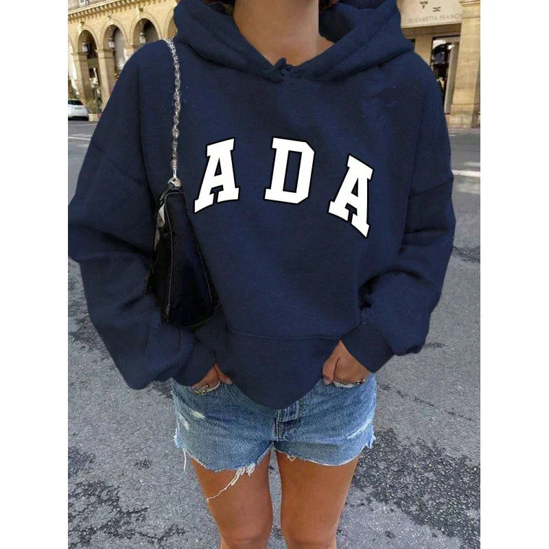 Felpa con cappuccio casual e versatile con lettere, linea ampia, con fodera in pile per donnaEX-STOCK Canada