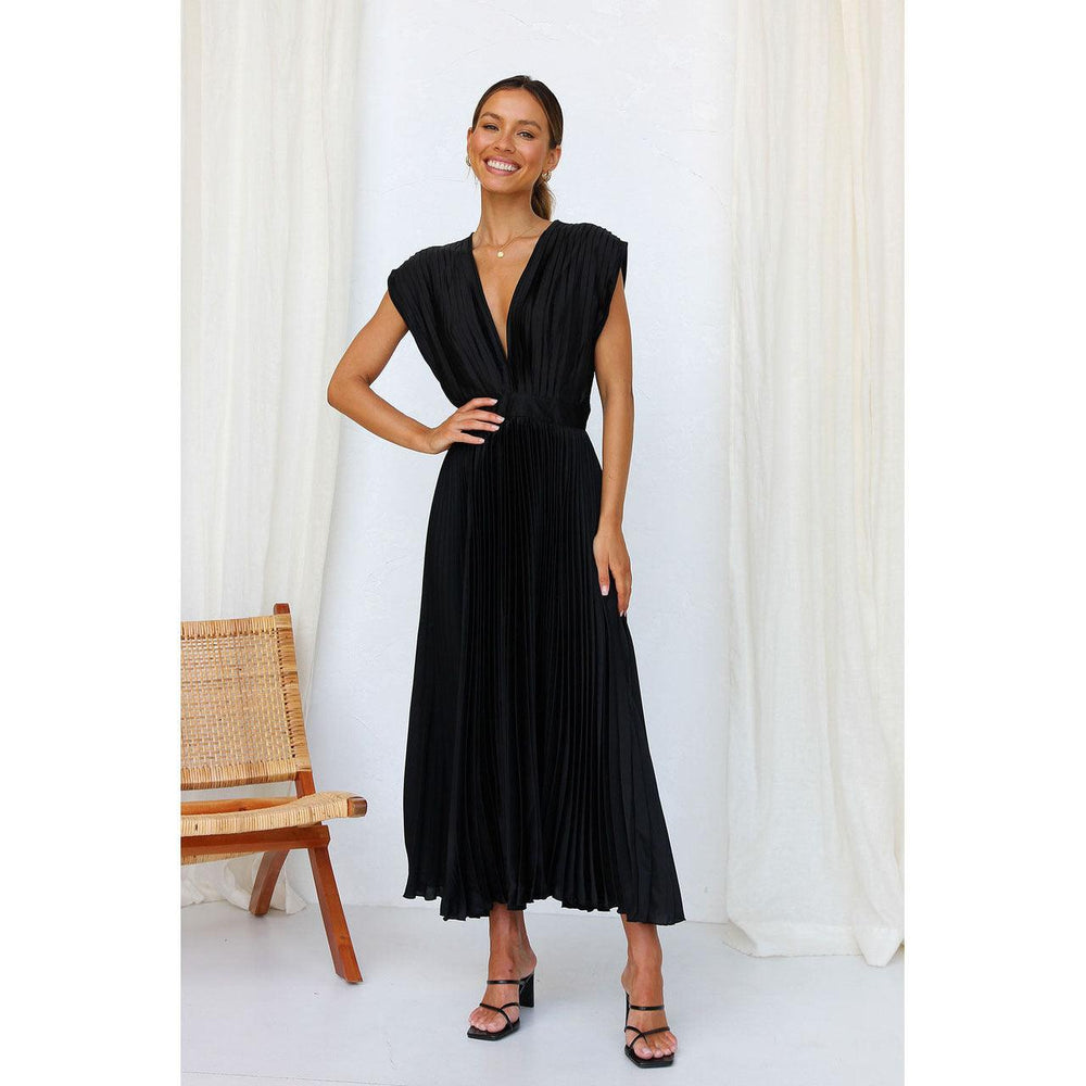 Robe d'été plissée à col en V Mode INS Décontractée Ample Robe sans manches avec fermeture éclair pour femmes Vêtements