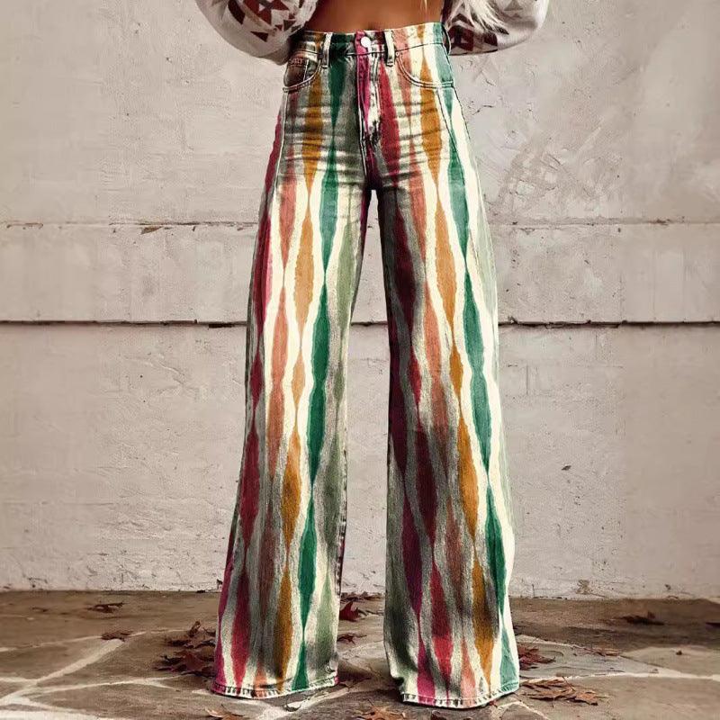 Thermal Transfer Bell-bottom Pants Simulation Denim Trousers Loose Pants