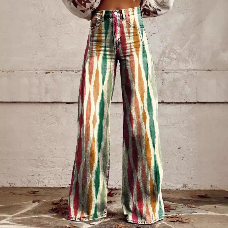 Thermal Transfer Bell-bottom Pants Simulation Denim Trousers Loose Pants