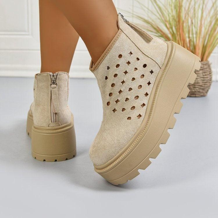 Damen Perforierte Plateau-Stiefeletten, Rückseiten-Reißverschluss Atmungsaktive Keilabsatz-Booties, Lässige Stiefel mit klobiger Sohle und Ausschnitten
