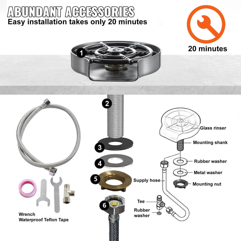 Glass Rinser, 10 Powerful Spraying Jets 360 Rotating Cup Rinser For Sink, 304 Stainless Steel Faucet Cup Washer With ABS Cup Holder For Baby Bottle, Glass Cup, Wine Glass - EX-STOCK Canada