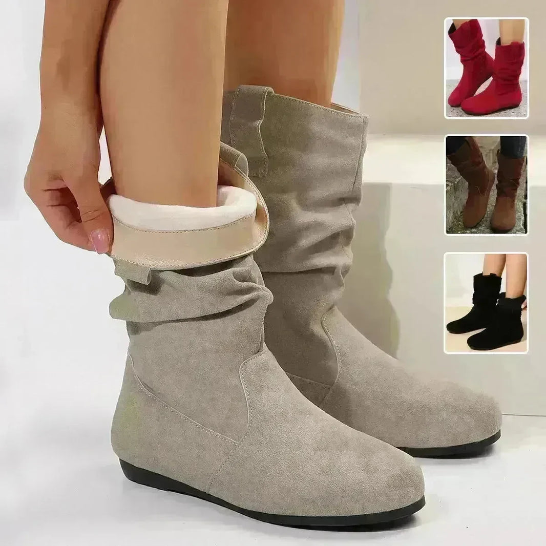 Round Toe Flat Boots Fashion Solid Color Suede Mid-calf Boot Winter Warm Shoes For Women - EX-STOCK CANADA