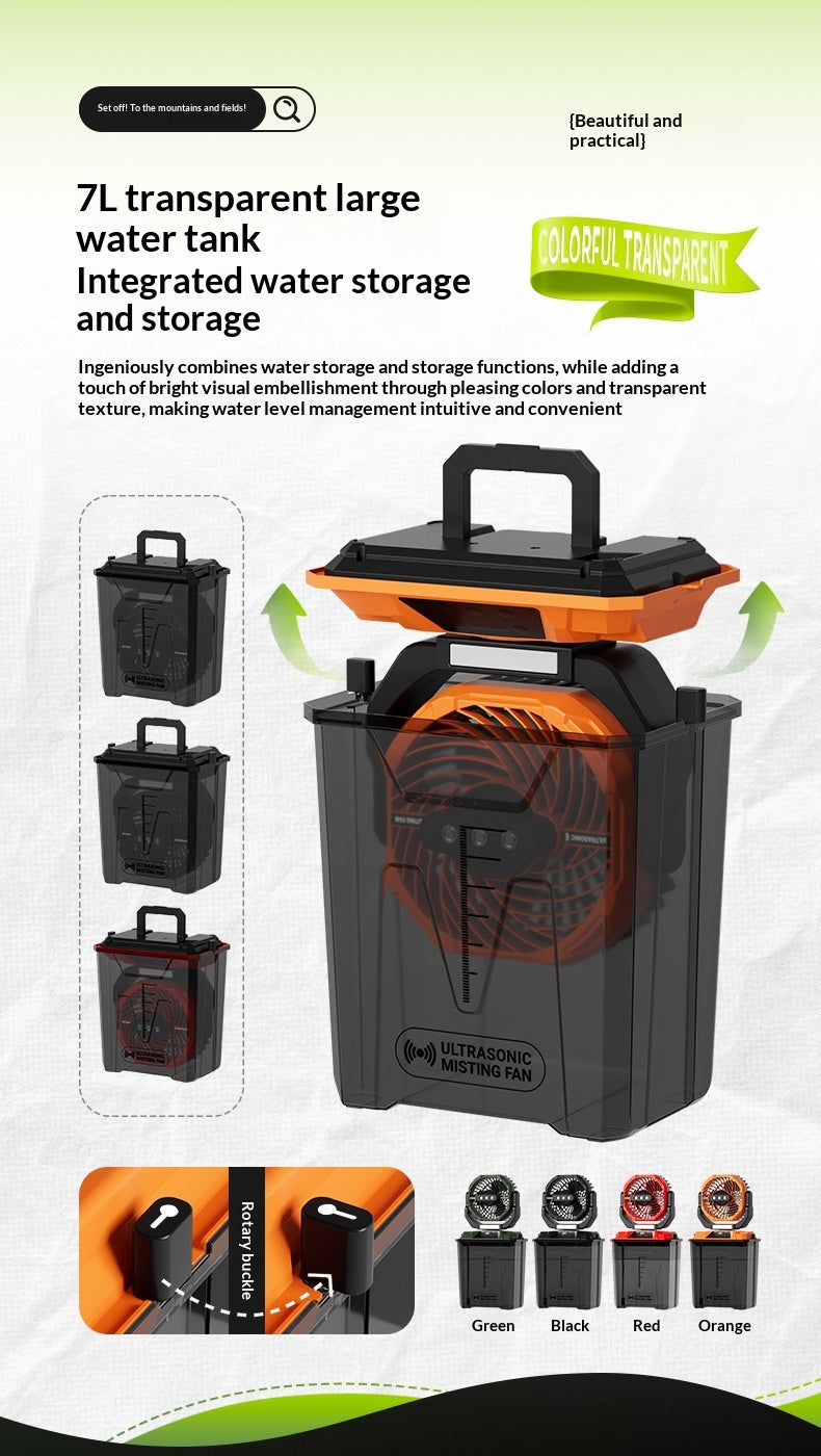 A promotional product graphic for a 7L transparent large water tank integrated water storage unit. The main product is shown in a large central view with a black body and orange top accents, plus three smaller side views demonstrating the transparent tank and handle.
