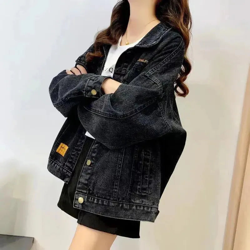 Loose Embroidered Lettered Black Denim Jacket Slimming Jacket Coat For Women - EX-STOCK CANADA