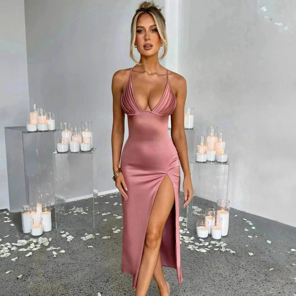 Spaghetti Strap Dress With Split Design Deep V-neck Sleeveless Backless Bodycon Satin Evening Party Wedding Cocktail Dresses For Womens Clothing - EX-STOCK Canada