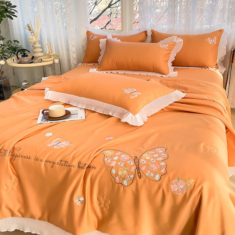 Korean Ice Silk Summer Quilt Four-piece Set Embroidery Lace Air Conditioning Cool Feeling Thin Duvet EX-STOCK Canada