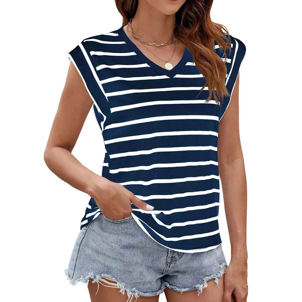 Fashion Stripe Print V-neck Short-sleeved T-Shirt Summer Loose Casual top for Women - EX-STOCK Canada