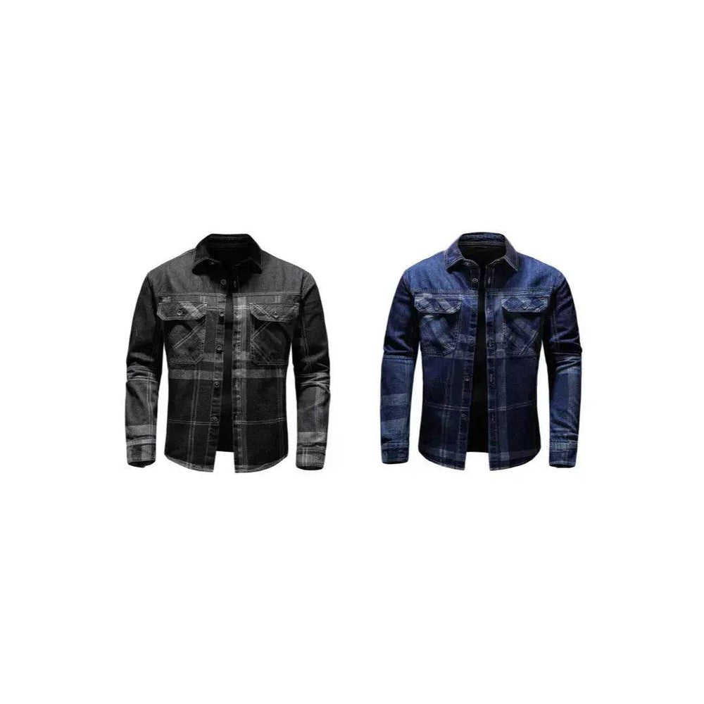 Fashion Plaid Denim Long-sleeved mens denim shirt Slim fit Jeans Shirt for men Denim top for men - EX-STOCK Canada