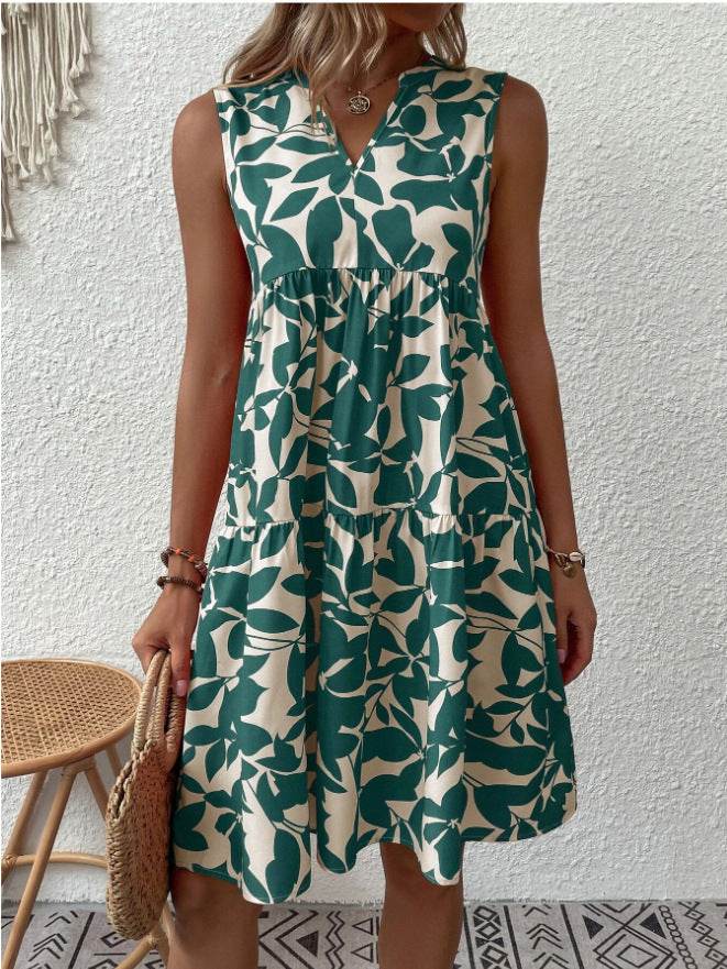 Bohemian Dresses Summer Beach Fashion Loose V-neck Pleated Print Sleeveless Dress For Women - EX-STOCK Canada