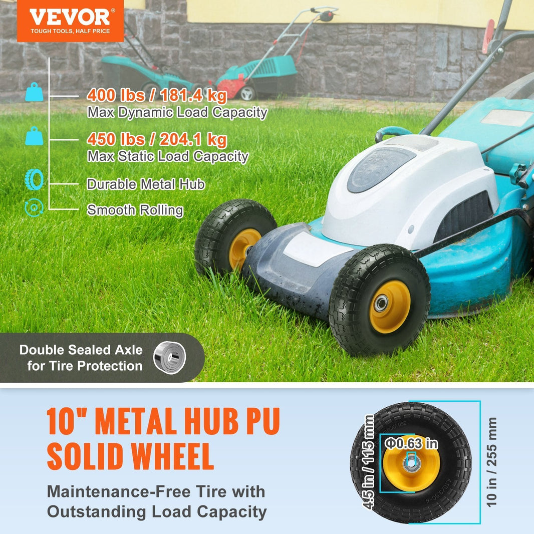 Solid PU Run-Flat Tire Wheel, 2-Pack, 400 Lbs Dynamic Load, 450 Lbs Static Load, Flat Free Tubeless Tires And Wheels For Hand Truck, Utility Cart, Dollies, Garden Trailers, Various Carts EX-STOCK