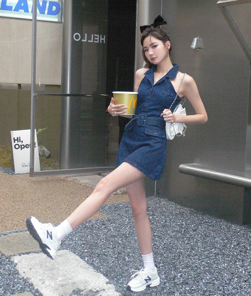 Mini Sleeveless Sheath Denim jeans halter neck Dress - EX-STOCK Canada