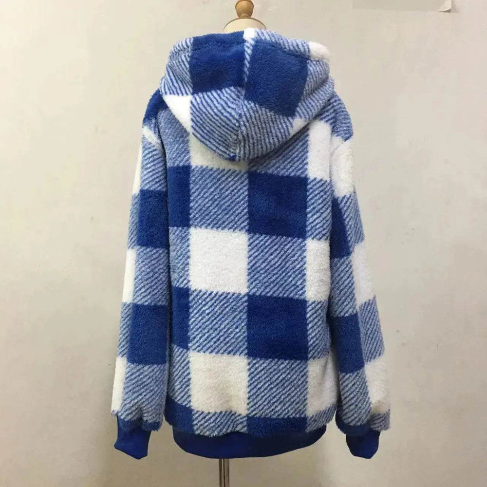 Casual Thick Fleece Plush half zip Plaid Hoodie Pullover top for women - EX-STOCK Canada