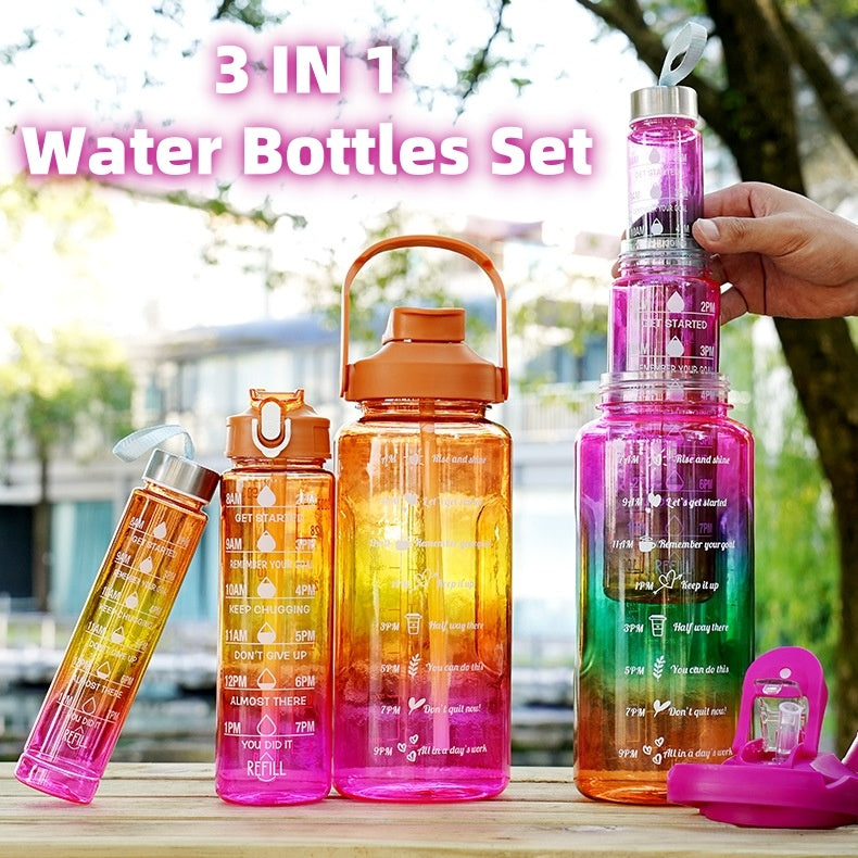 3-in-1 Gradient Color Motivational Water Bottles Set Plastic Straw Double Drink Translucent Outdoor Sports Bottle EX-STOCK