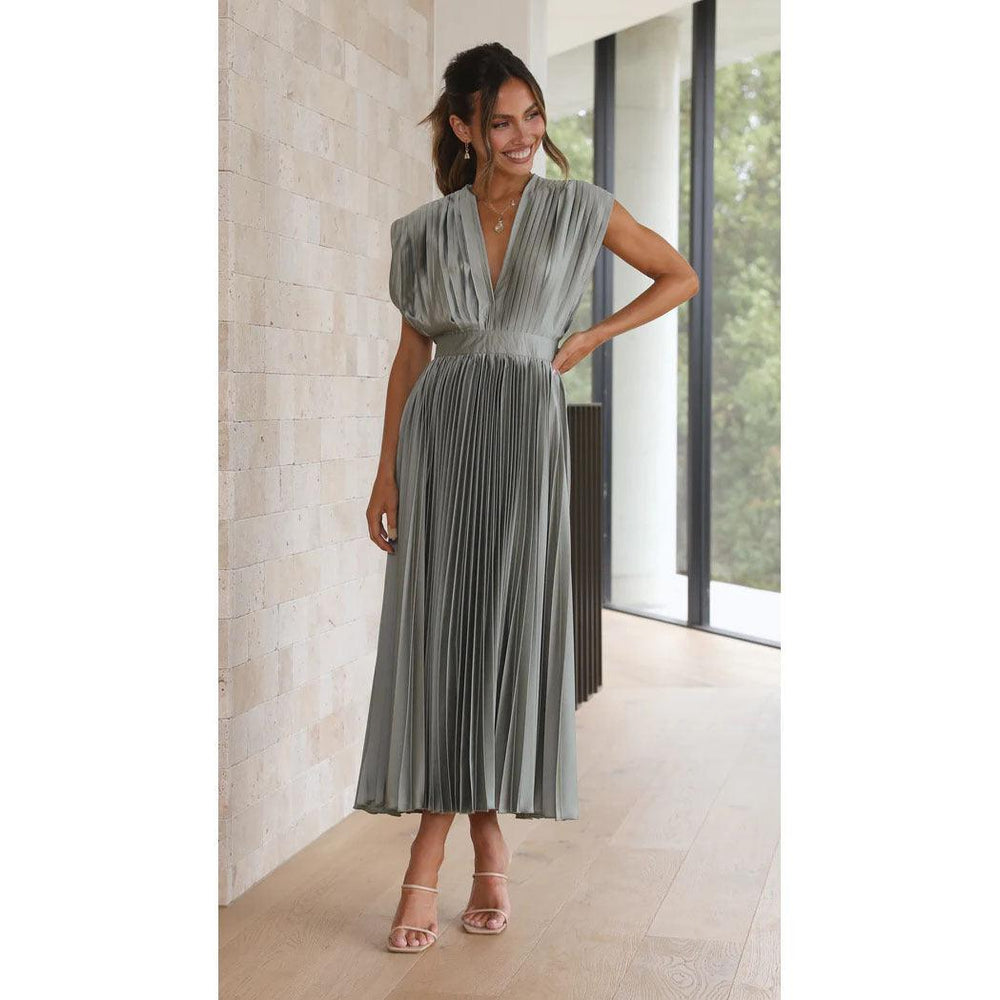 Robe d'été plissée à col en V Mode INS Décontractée Ample Robe sans manches avec fermeture éclair pour femmes Vêtements