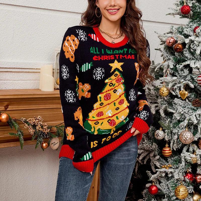 Europäische und amerikanische Damenbekleidung Lässiger weiter und bequemer Stil Pullover Weihnachtsbaum Kontrastfarbiger JacquardEX-STOCK Canada