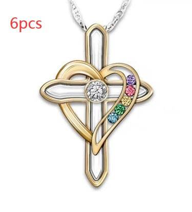 Cross Love Colorful Imitatio Gemstone Pendant Alloy Clavicle Chain Necklace - EX-STOCK Canada