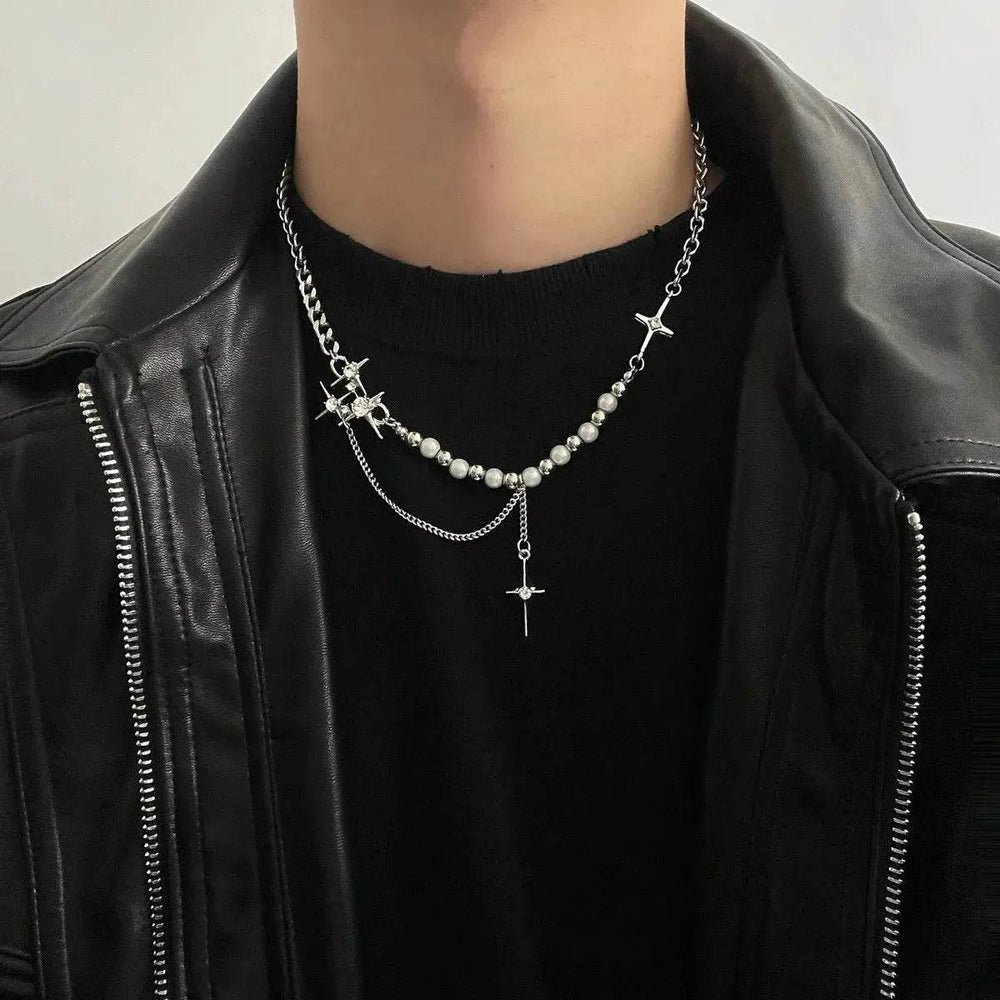 Unisex Style Eight-pointed Stars Reflective Pearl Stitching Necklace - EX-STOCK Canada