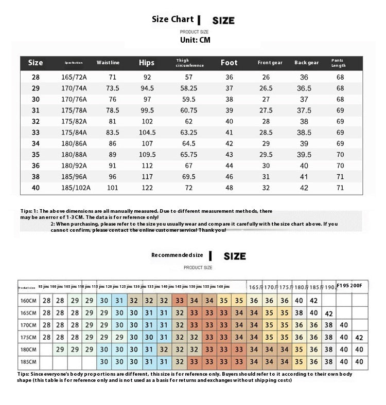 A size chart and sizing table for apparel, showing measurements in centimeters for size 28 through 40, with a recommended size column and foot length conversions. The chart includes sections for bust, waist, hips, thighs, and feet, plus a small product size reference table at the bottom.