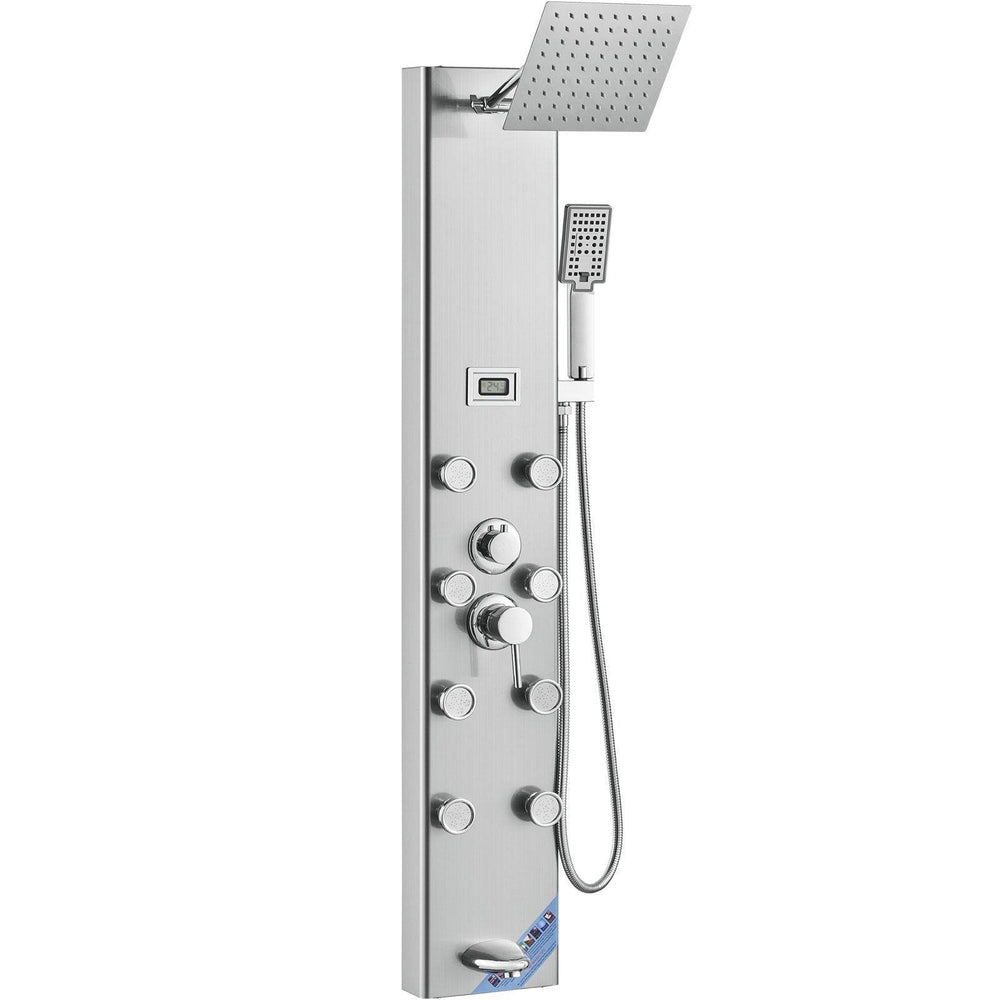 Shower Panel System, 5 Shower Modes, Digital Display Shower Panel Tower, Rainfall, 8 Massage Jets, Tub Spout, 3-Setting Handheld Shower Head 59 Hose, Stainless Steel Wall-Mounted Shower Set - EX-STOCK Canada