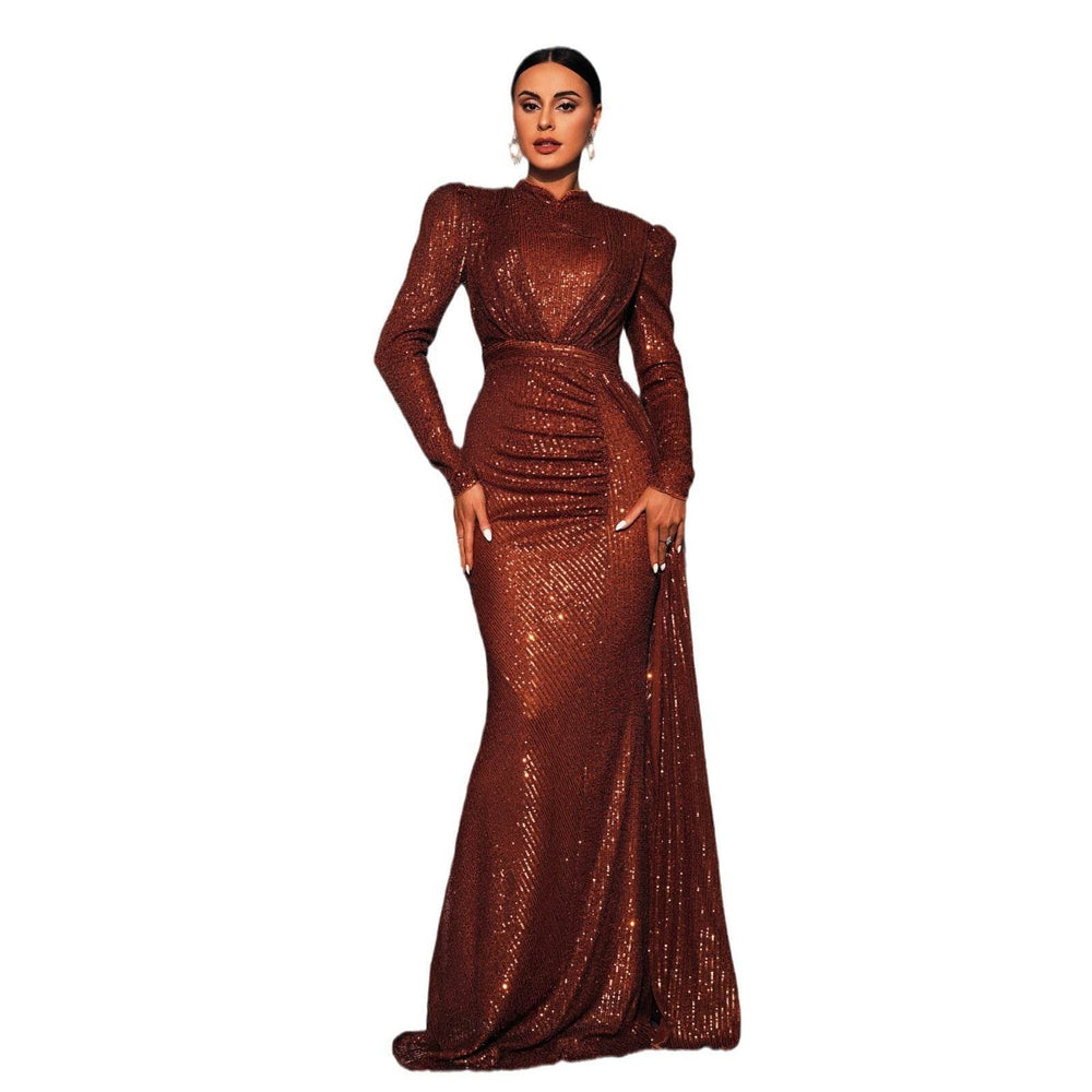 Long Sleeve Round Neck Slim Long Sequined Banquet Dress - EX-STOCK Canada
