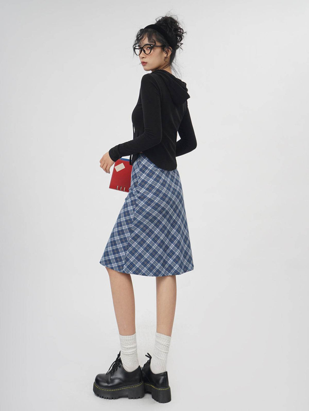 Plaid A- Line Skirt Women's High Waist student Midi Skirt - EX-STOCK Canada