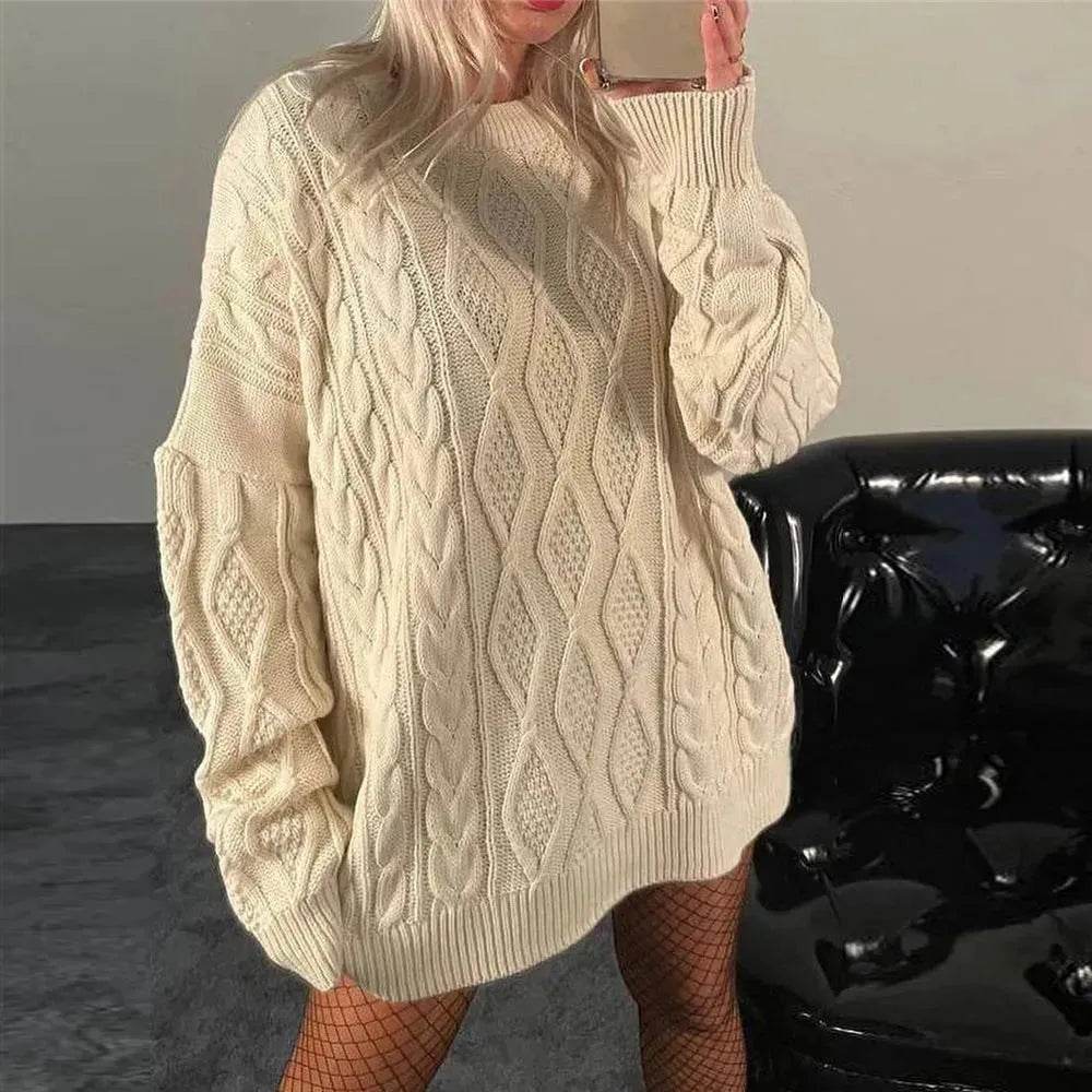 Casual Oversize Hip pop style Round neck Knitted Twist Sweater dress - EX-STOCK Canada