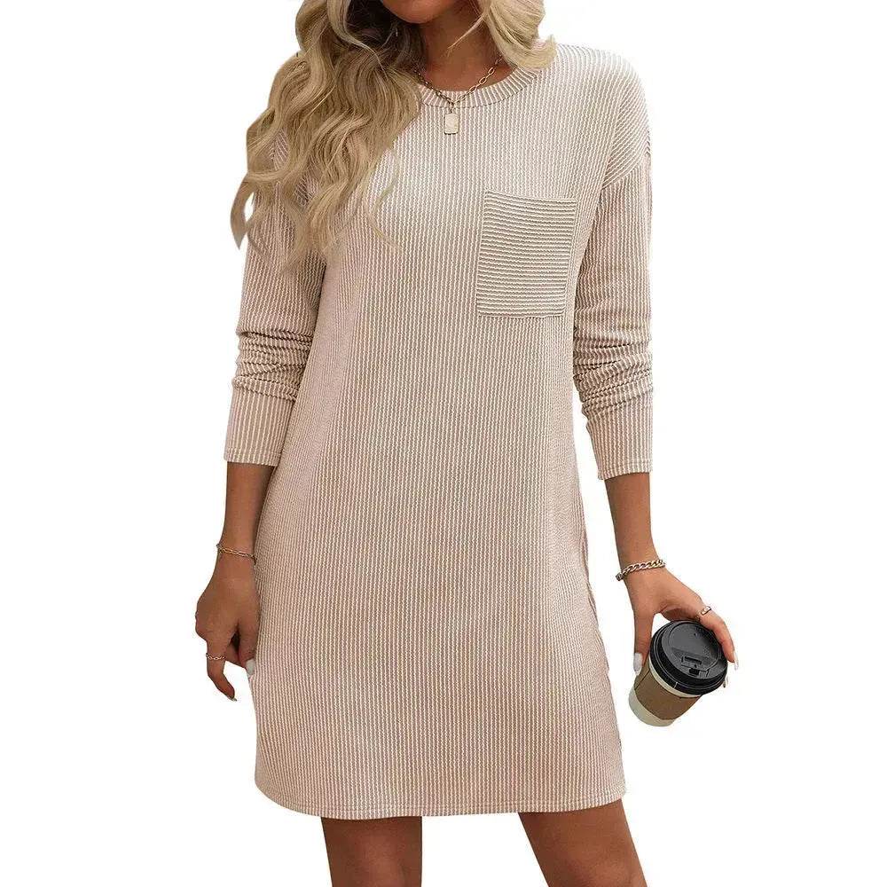 Casual New Solid Color Striped With Pockets Long Sleeve Loose Mini Dress Fashion Round Neck Straight Dress Women's Clothing - EX-STOCK Canada