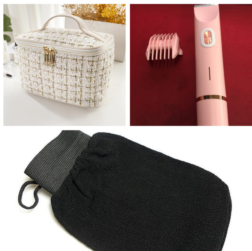 Collage of a white textured box, pink hair styling tool, and black scrubbing glove.