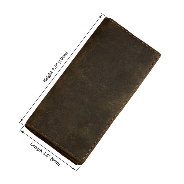 Brown leather wallet with measurements on a white background