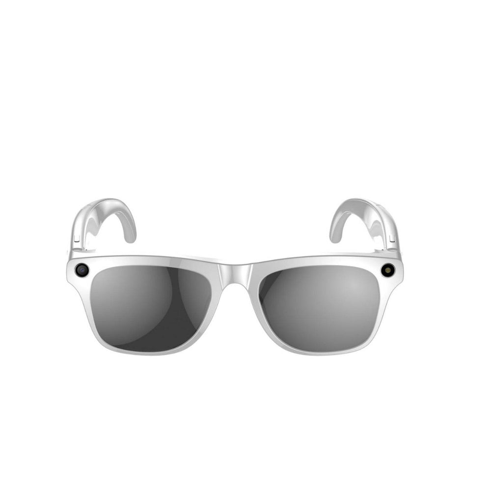 Silver-framed sunglasses with reflective lenses on a white background