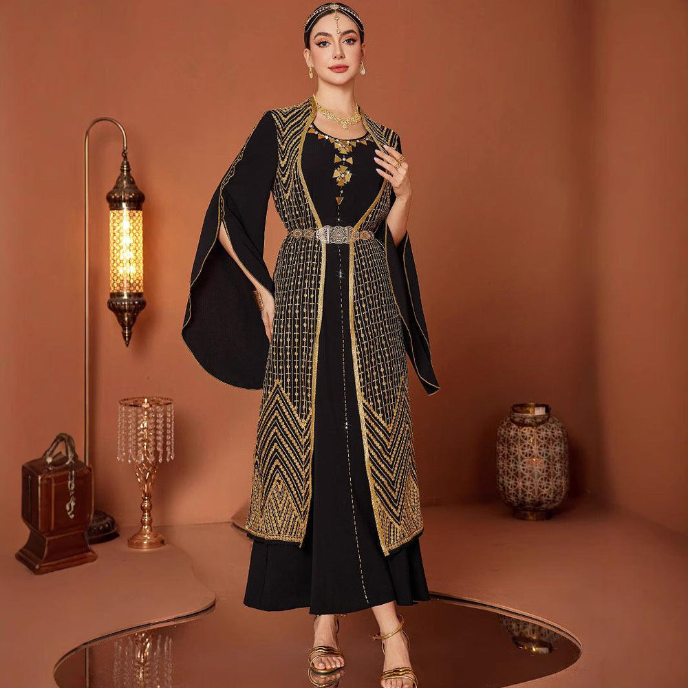 Robe arabe vintage noire fausse en deux pièces avec broderie dorée - EX-STOCK Canada