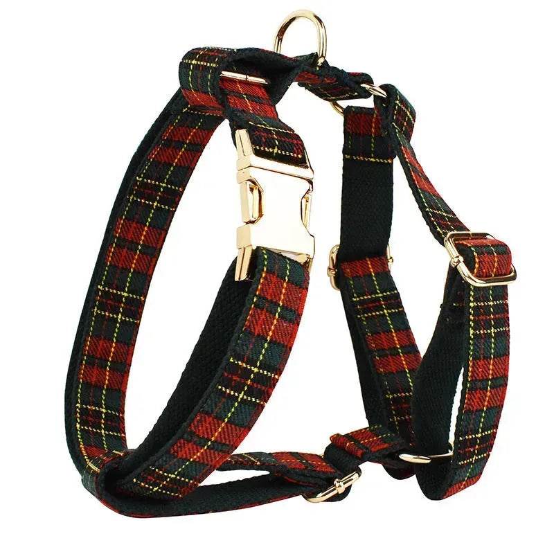 Christmas Pet Collar Plaid With Green Background Dog Rope Leash Suit - EX-STOCK Canada